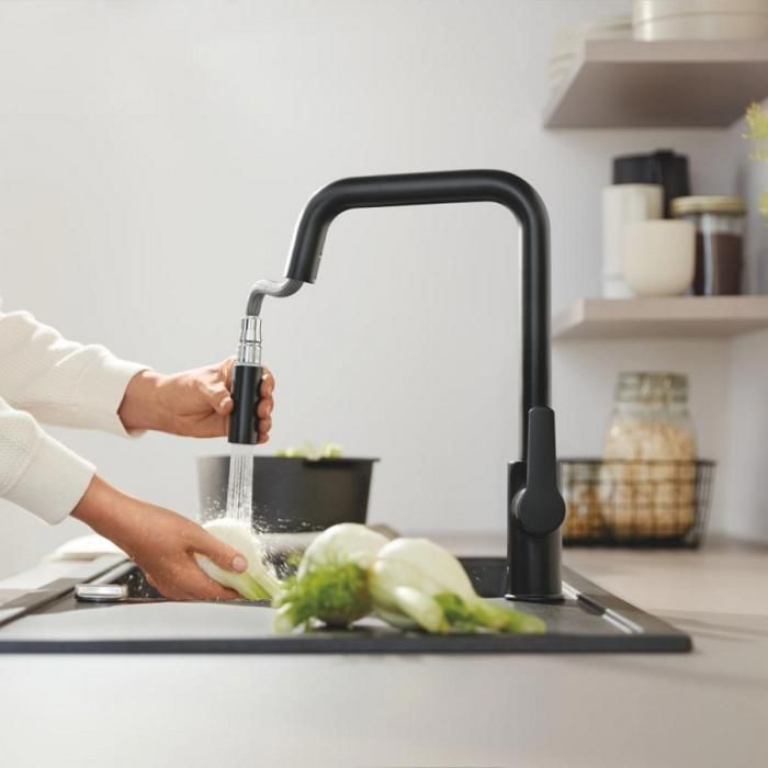 Kitchen faucet - Single-lever sink mixer - Matte black - High U-shaped spout - Pull-out spray - GROHE Start - 306312430