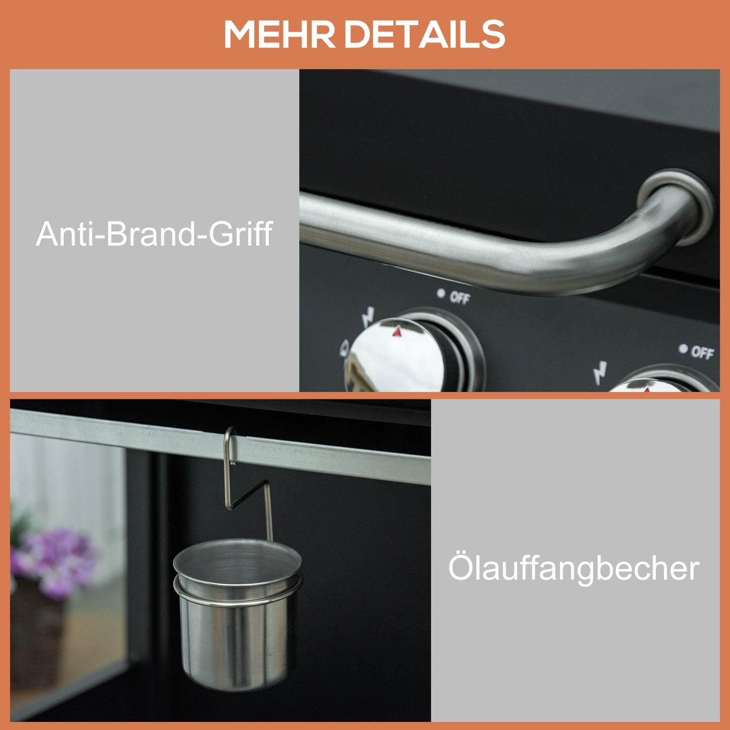 Outsunny Gasgrill BBQ mit 3 Brennern je 3 kw mobiler Grillwagen mit 4 Rädern Grillnetz Seitentischen Druckminderer Schläuche Schrank Multifunktion Metall Schwarz 132,4cm x 55cm x 109cm