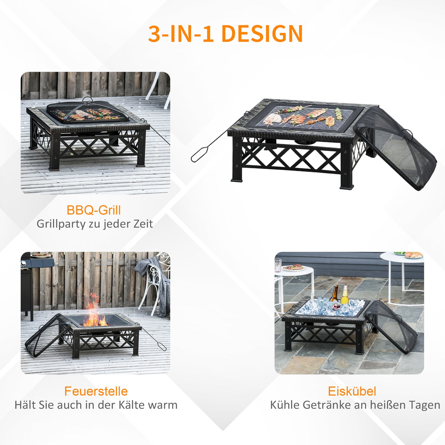 Outsunny 3-in-1 Feuerschale Feuerkorb Feuerstelle mit Funkenschutz Grillrost Eiskübel Garten BBQ Schwarz 76cm x 76cm x 47cm