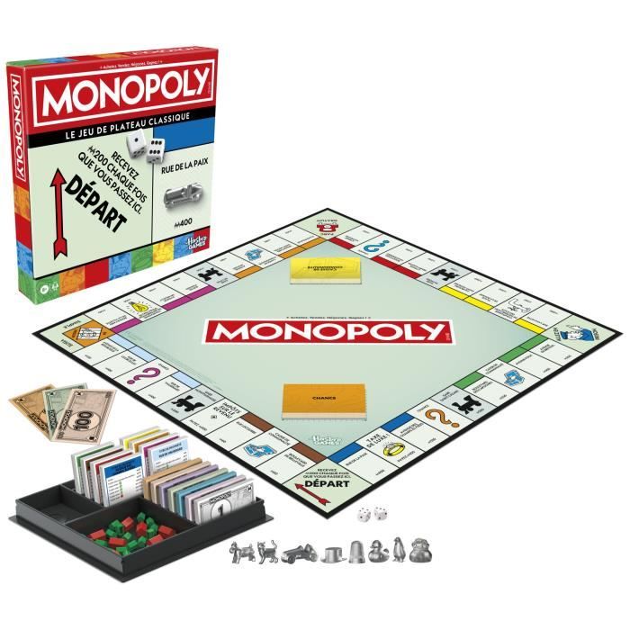 Classic Monopoly, board game, with storage box and large pawns, 2 to 6 players, FR version, from 8 years old,