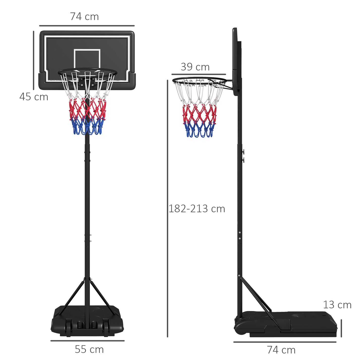 SPORTNOW Basketballständer, höhenverstellbar, mobil, befüllbar, bruchsichere Rückwand, Korbhöhe 1,82 - 2,13 m, Schwarz