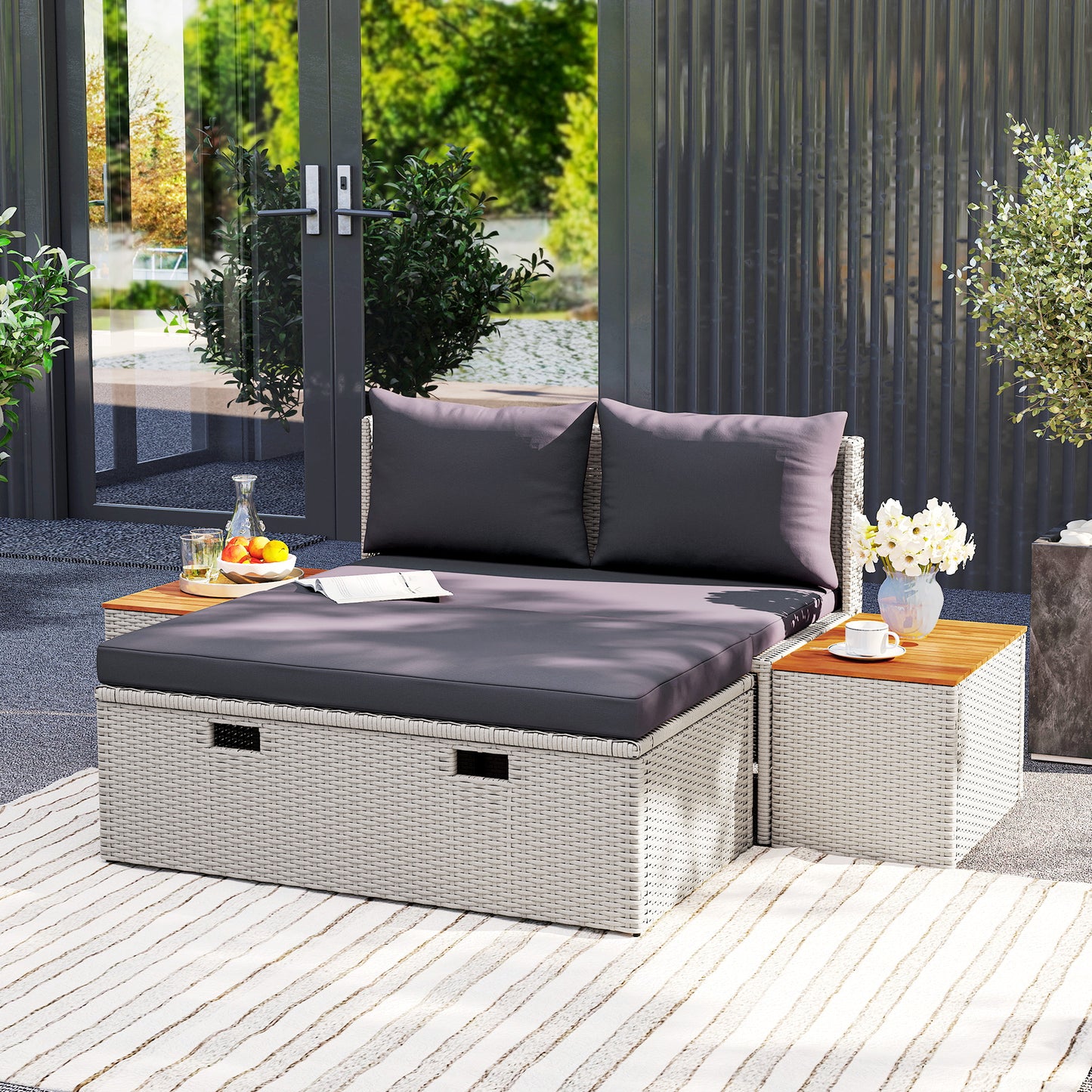 Outsunny Polyrattan Sonnenliege für 2 Personen Doppelliege mit Fußhocker Staurum Auflagen 125x114x72,5 cm Grau