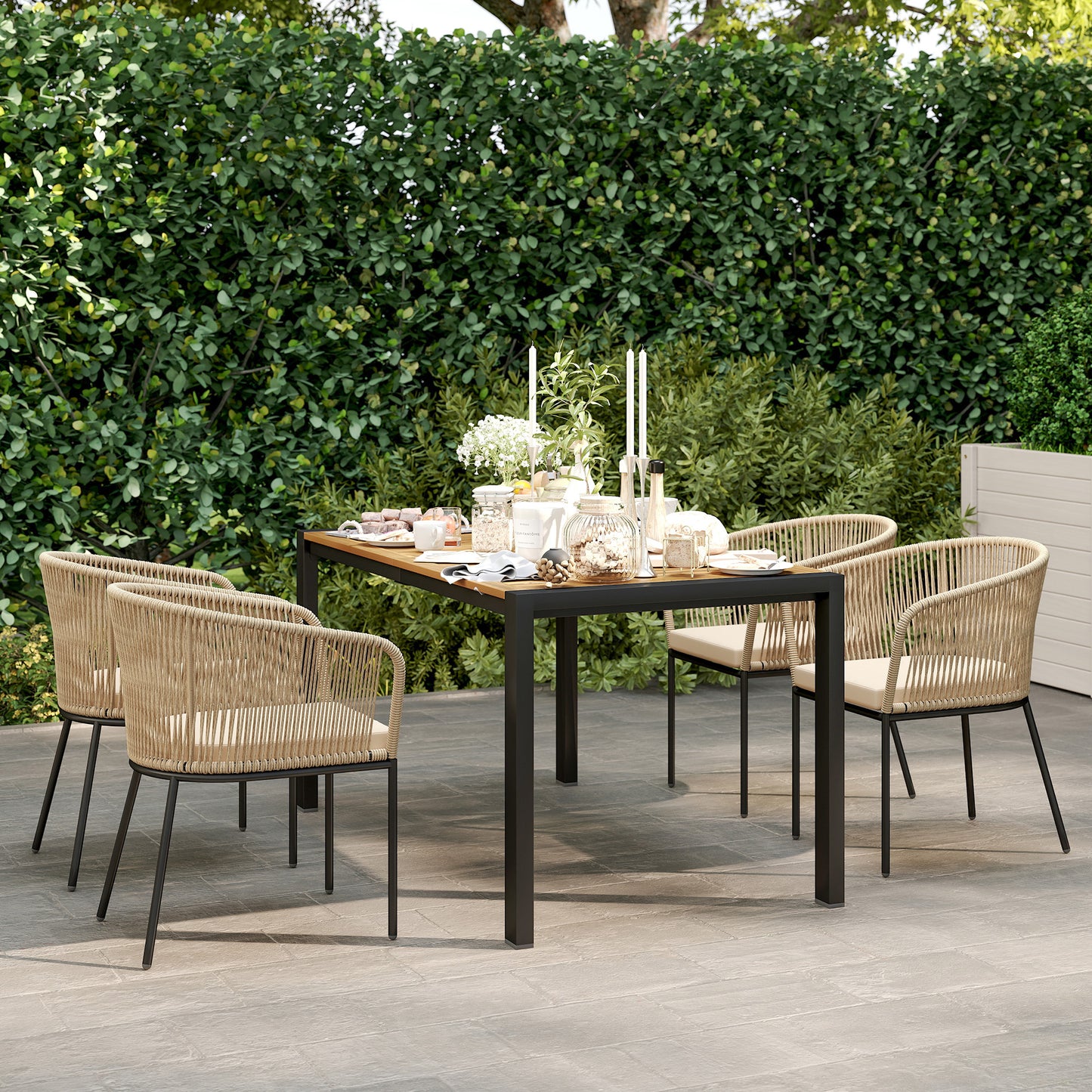 Outsunny 5-teiliges Gartenmöbel-Set, 4 Stühle, 1 Tisch, Kunst-Rattan, Stahlgestell, waschbare Kissen, für Terrasse, Khaki