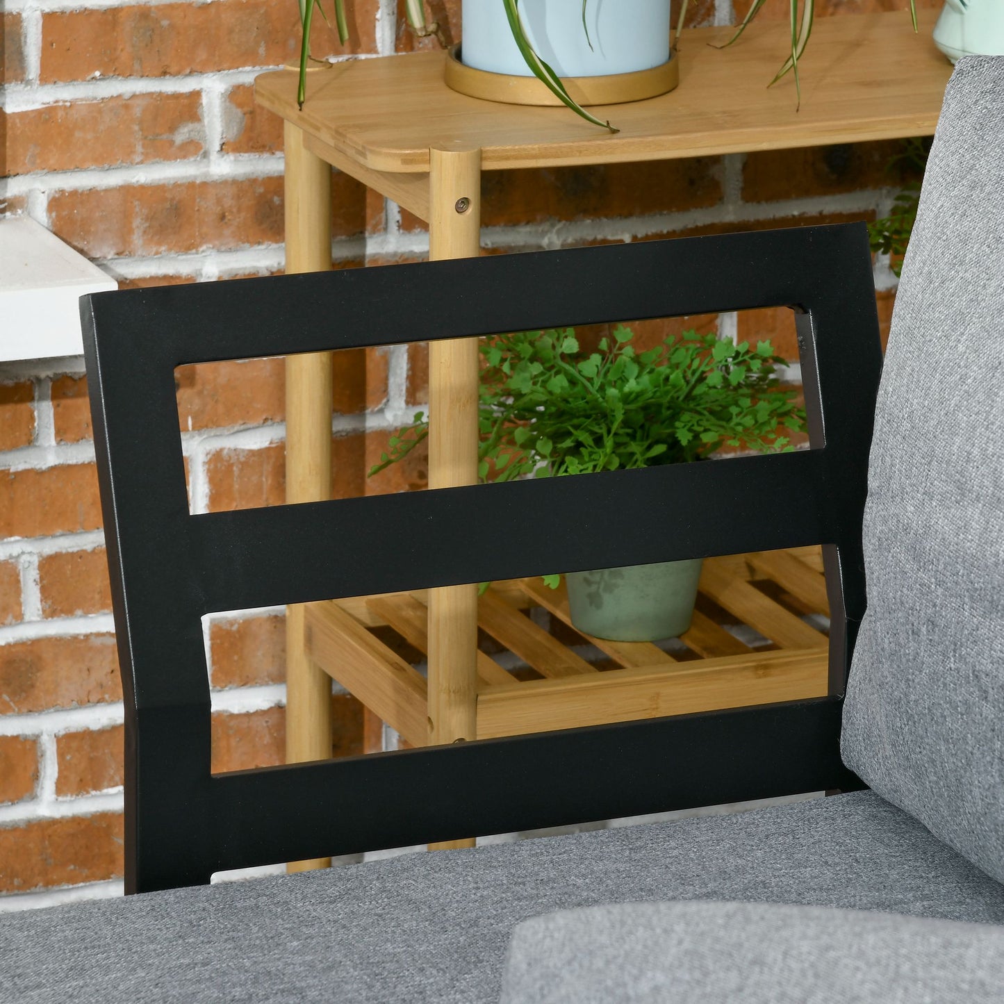 Outsunny Gartenmöbel-Set für 3 Personen Balkonmöbel mit Sitzkissen, Aluminiumrahmen, Holzoptik, Dunkelgrau+Natur