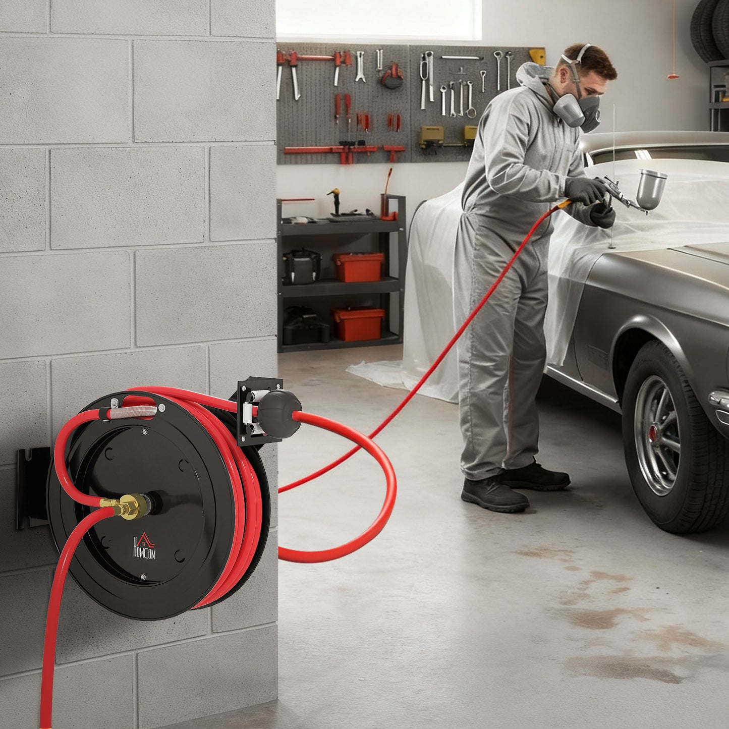 HOMCOM Wandmontierte Gartenschlauchrolle, automatisches Zurückziehen, 20 bar Wasserdruck, 15+1 m Wasserschlauch, Metall