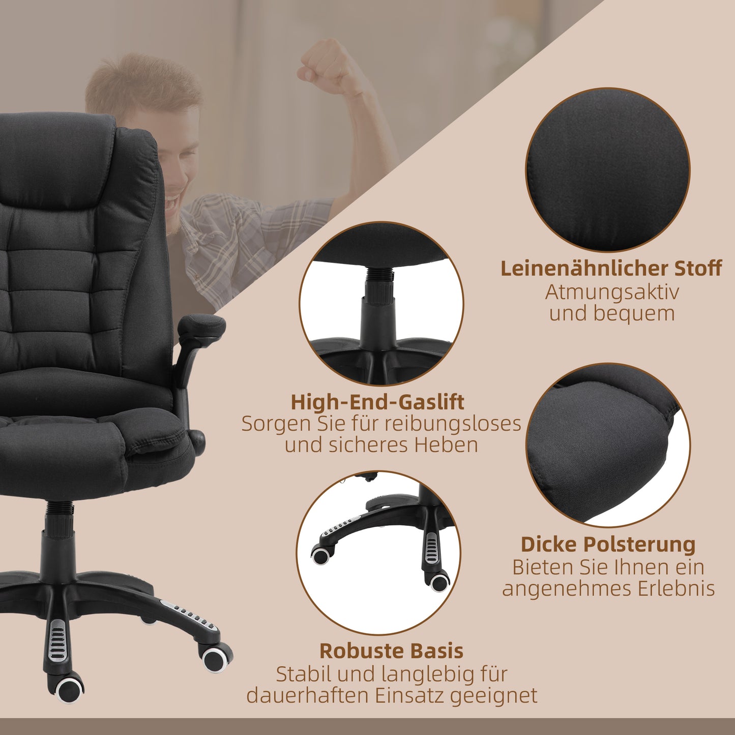 Vinsetto Bürostuhl mit Vibrationsmassage, Ergonomisch Schreibtischstuhl mit Heiz-, Liegefunktion, Höhenverstellbar Chefsessel mit Fernbedienung, Seitentasche, Leinenoptik, Schwarz