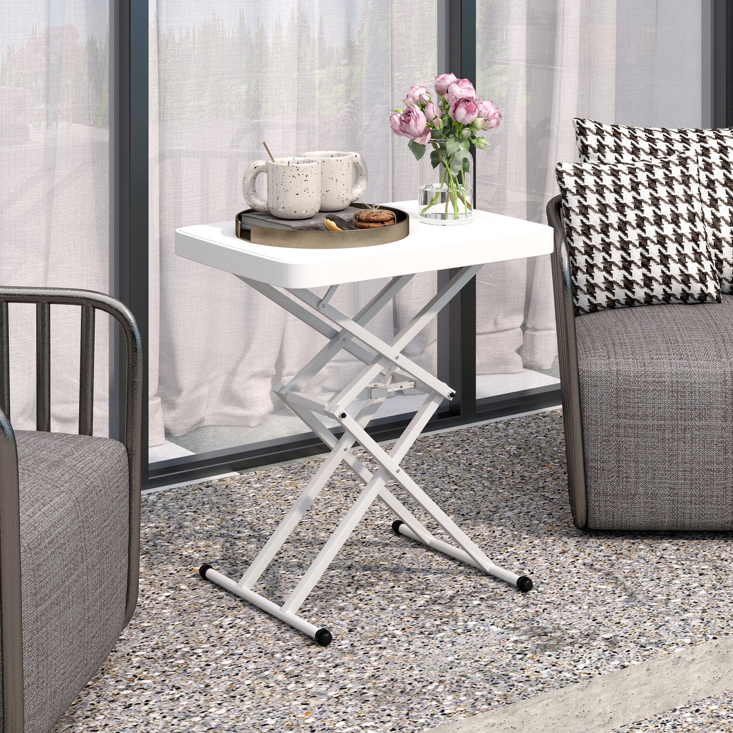 Outsunny Gartentisch, Tragbarer Tisch für den Außenbereich aus Kunststoff und Metall, Bistrotisch, für Terrasse, Garten, Weiß