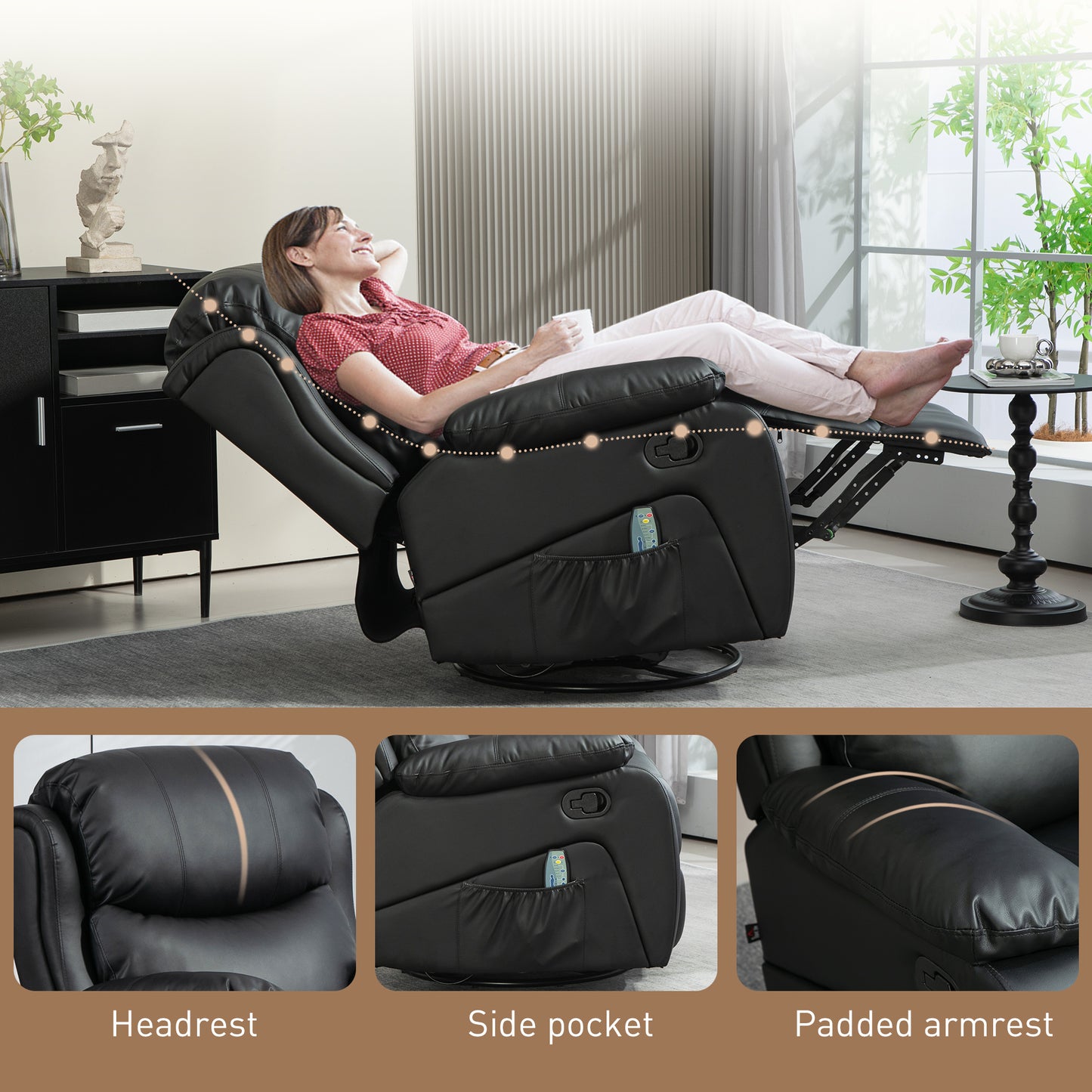 HOMCOM Massagesessel, Wärme- & Liegefunktion, Kunstleder, bis 150kg, 97x92x104cm, Schwarz