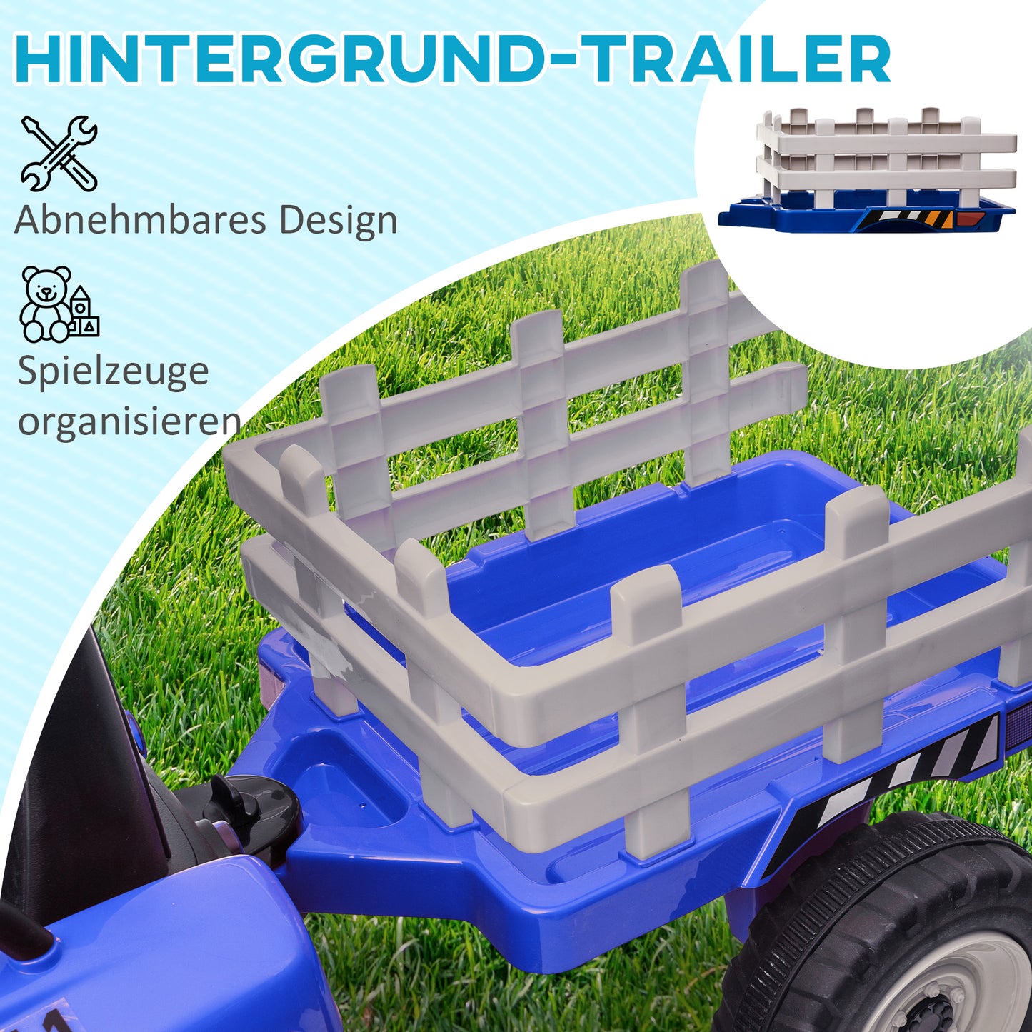 HOMCOM Kinder-Elektroauto mit Anhänger, Fernbedienung, Scheinwerfer, 3-6 km/h, für 3-6 Jahre, Blau