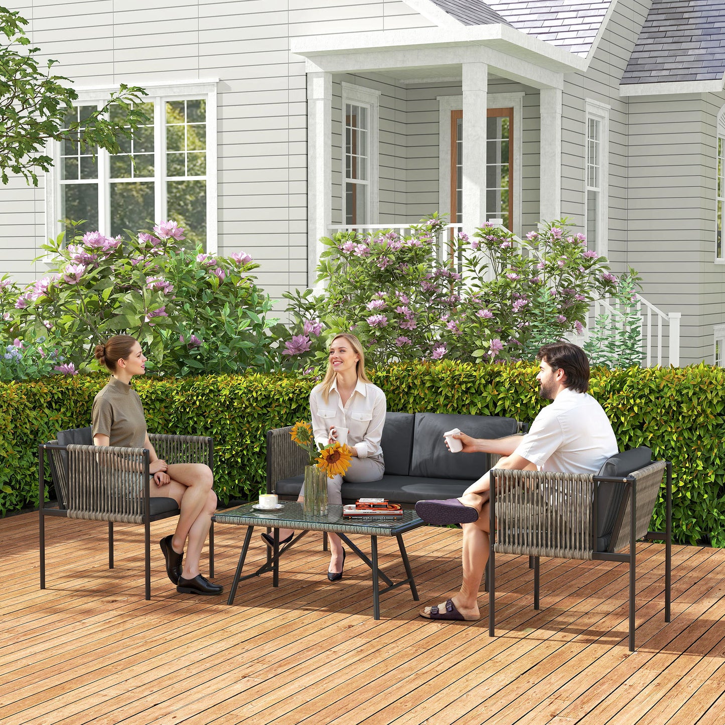 Outsunny 4-teiliges Gartenmöbel-Set, 1 Sofa, 2 Sessel, 1 Tisch mit Glasplatte, Kissen, Stahlrahmen, Kunststoff-Rattan, Grau