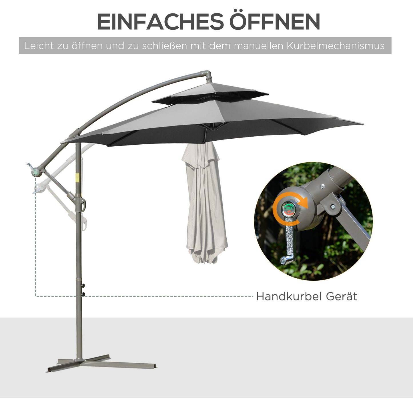 Outsunny Sonnenschirm Ampelschirm Ø2,67 x 2,45 m Kurbelschirm mit Doppeldach Kreuzbasis Stahl Outdoor Sonnenschutz Polyester Stahl Hellgrau