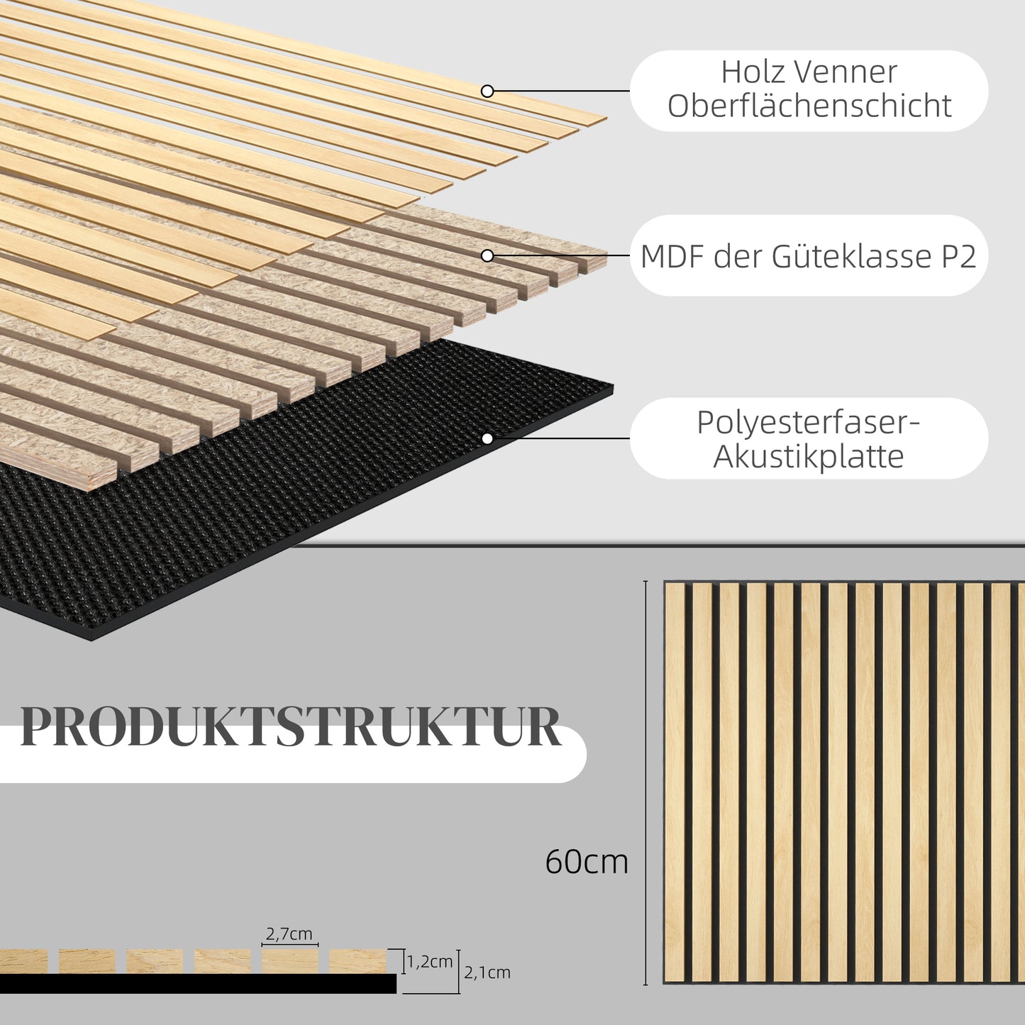 HOMCOM Akustikpaneel, Schallabsorption, DIY Lamellenwand, MDF & Polyester, einfache Installation, Eiche