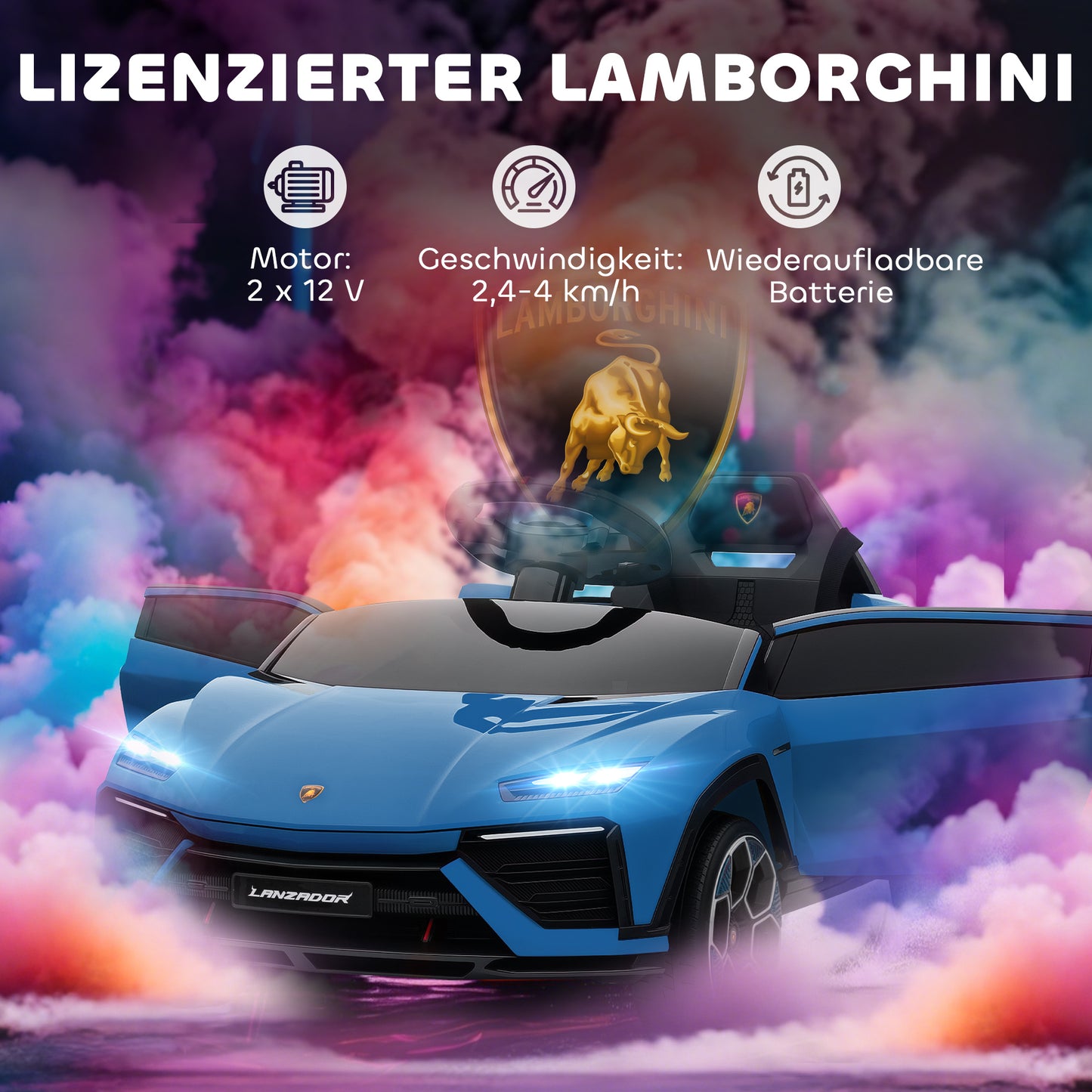 AIYAPLAY Kinder Elektroauto 12V Kinderauto mit 2,4 GHz Fernbedienung, 2 Motor, Hupe, LED, Musik, 101,5 x 49 x 43 cm, Blau