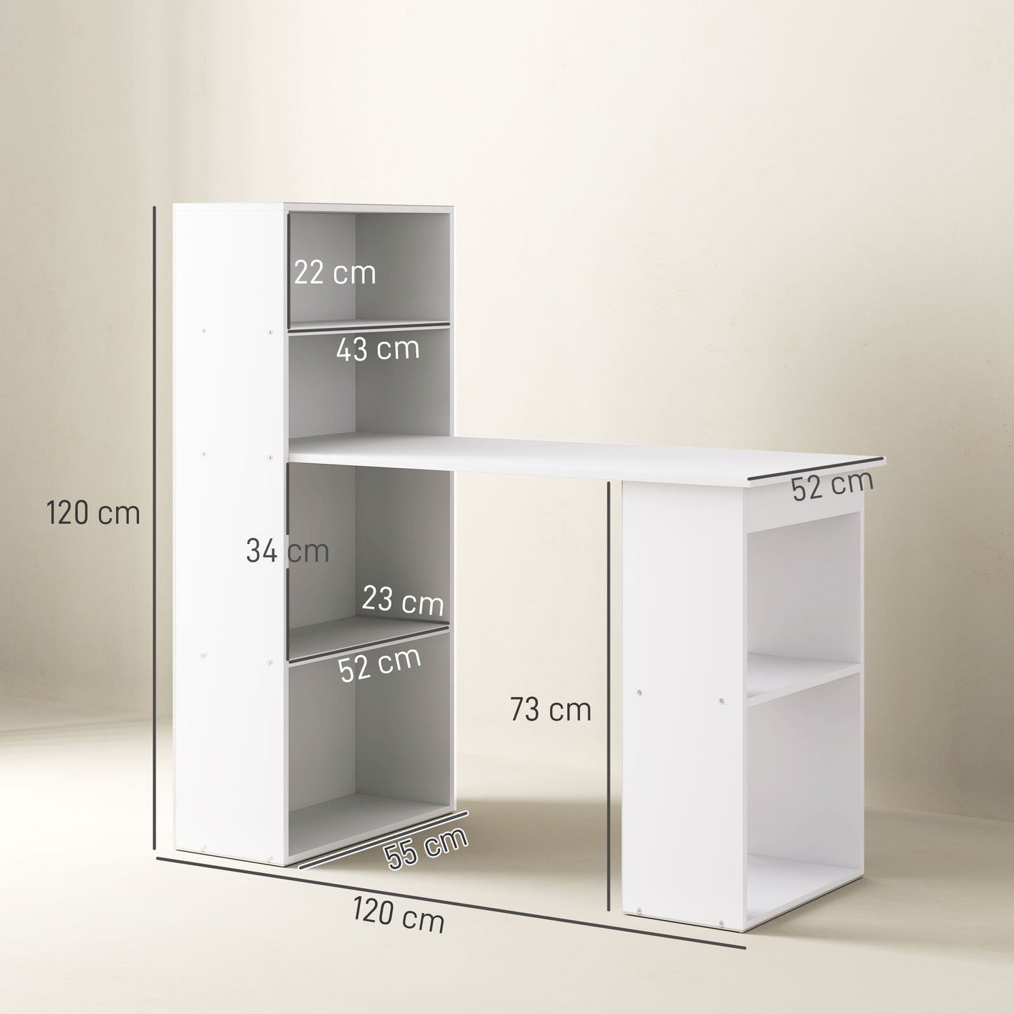 HOMCOM Schreibtisch Bürotisch Computertisch, 2 Regale, 5 Regalböden, 120 cm x 55 cm x 120 cm, Weiß