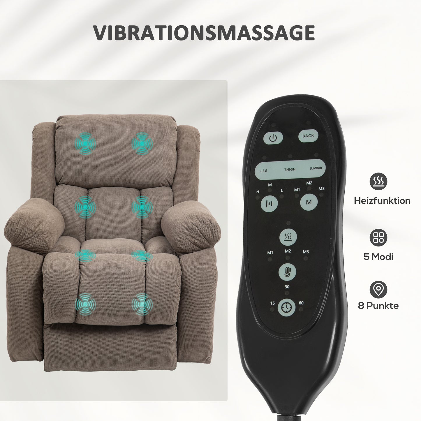 HOMCOM Fernsehsessel mit Massage- und Wärmefunktion, Elektrischer Aufsteh-Sessel, Fernbedienung, Seitentaschen, Hellbraun