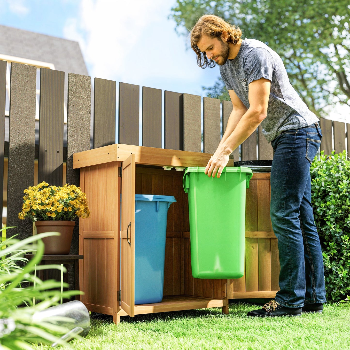 Outsunny Gartenschrank Tannenholz, Geräteschuppen wetterfest 74x43x88cm, Gerätehaus mit Doppeltür, 2 Fächern, Geräteschrank, Gartenhaus Werkzeugschrank Gartenschuppen für Garten, Terrasse, Natur