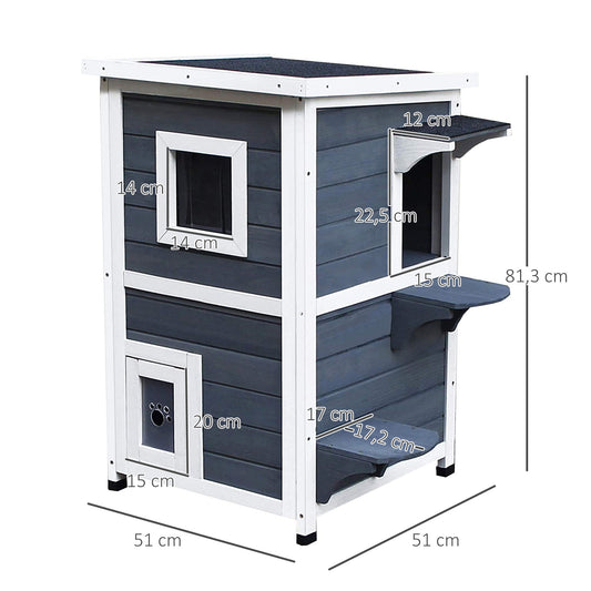 PawHut Katzenhaus aus Holz 2 Etagen Winterfest wasserdicht Katzenhütte mit Asphaltdach Treppen Fenster Katzenhöhle Outdoor Schutzhütte für Draußen Garten Balkon 51 x 51 x 81,3 cm Grau