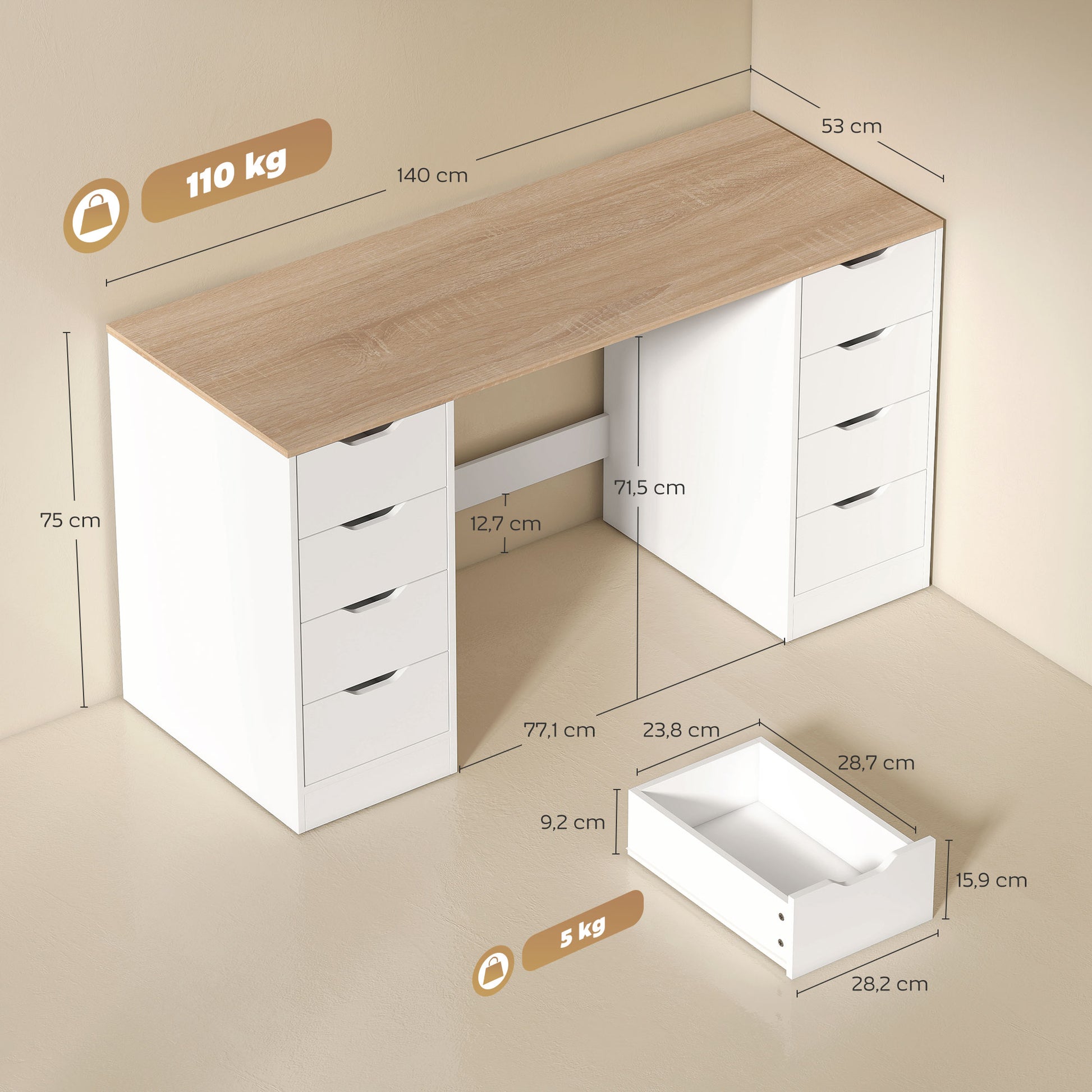 HOMCOM 140 cm Computertisch, 8 Schubladen, Schreibtisch für Homeoffice, Schlafzimmer, Stahl, Holz, Weiß