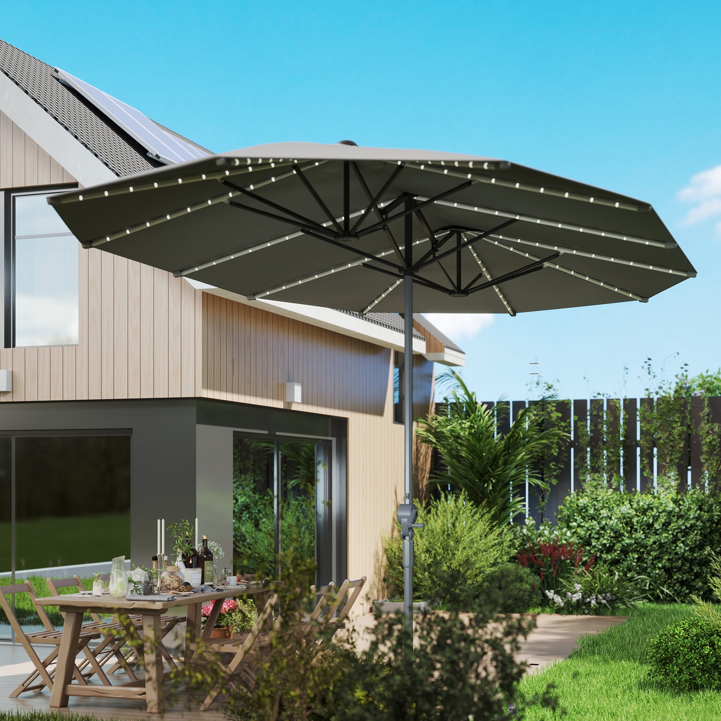 Outsunny Doppelschirm mit Solar-Lichtern, Aluminium, Polyester, UPF50+ Schutz, UV-beständig, Terrassenschirm, Dunkelgrau