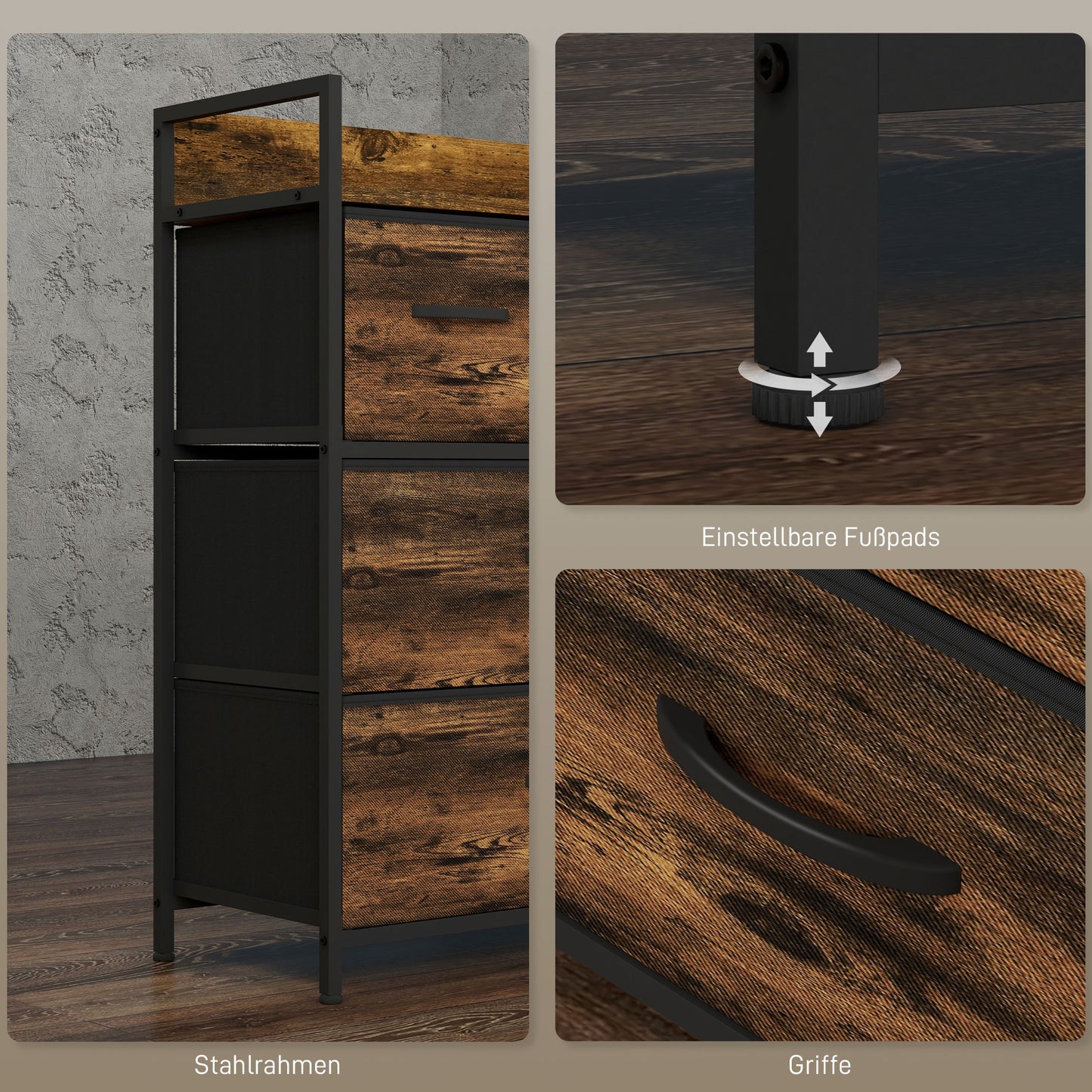 HOMCOM Kommode, Sideboard, 4 Stoffschubladen, Industrial Design, 60x29x85cm, Braun/Schwarz