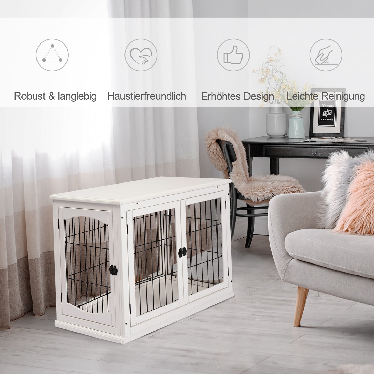 PawHut Transportbox für Hunde 58,5 cm x 81 cm x 66 cm Türen, MDF-Holz Eisen, 58, 5 cm x 81 cm x 66 cm, Weiß