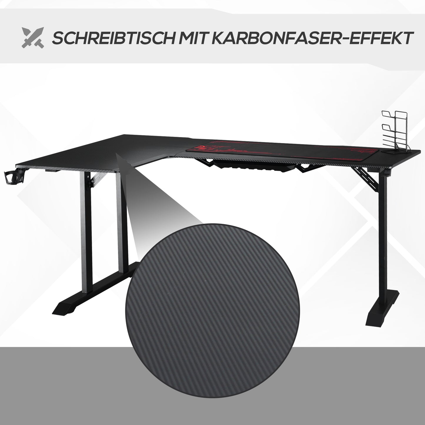 HOMCOM Gaming Tisch Schreibtisch L-förmige mit Kopfhörerhaken Getränkehalterung Computertisch MDF Metall Schwarz+Rot 168 x 109 x 78 cm