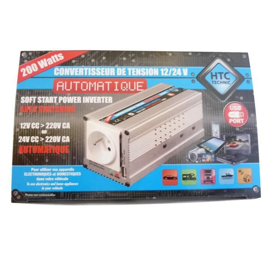 HTC Converter 12 / 24V Automatic 220 / 240V 200W USB 0.5A