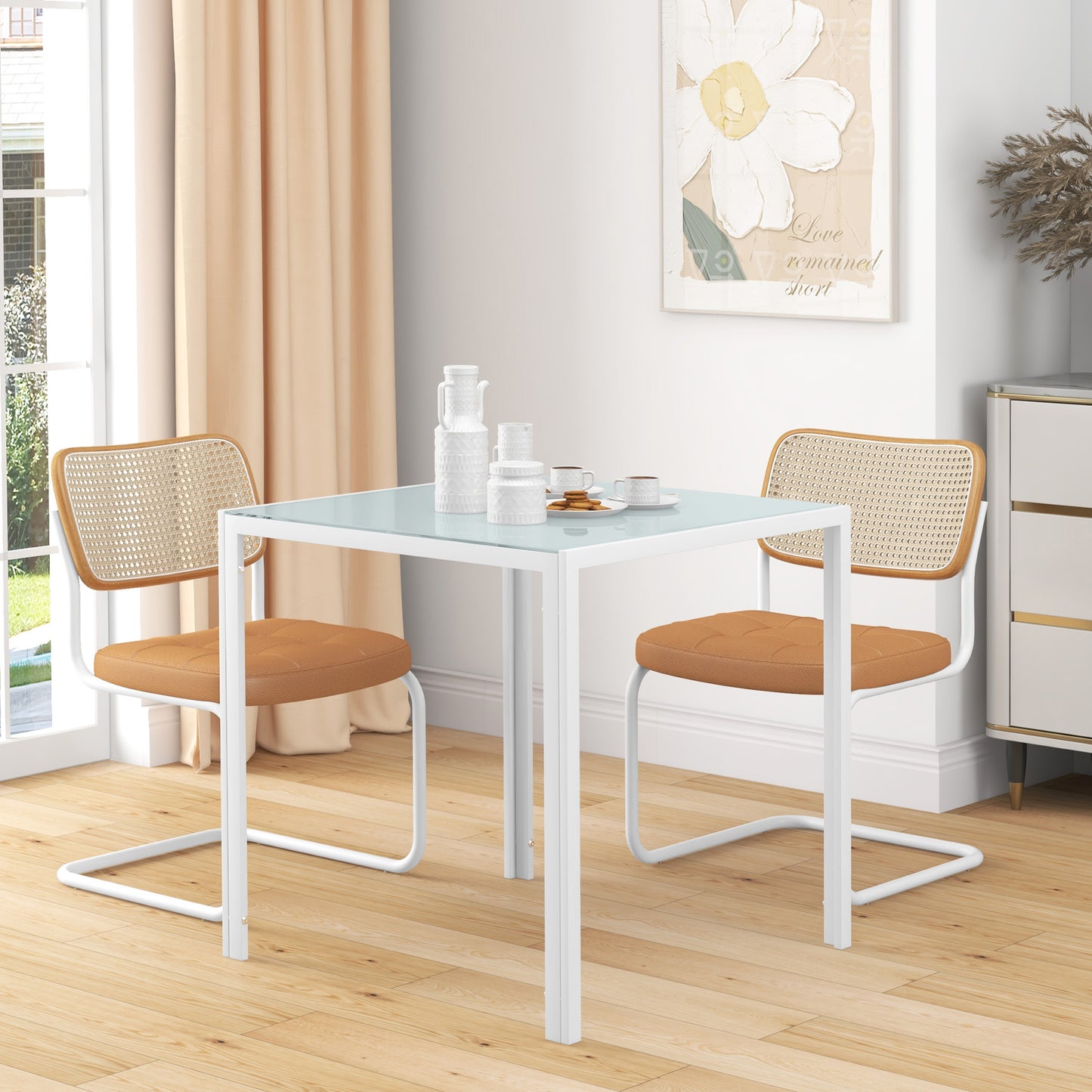 HOMCOM Quadratischer Esstisch für 4 Personen, Tischplatte aus Hartglas, für Küche und Esszimmer, 75 x 75 x 75 cm, Weiß