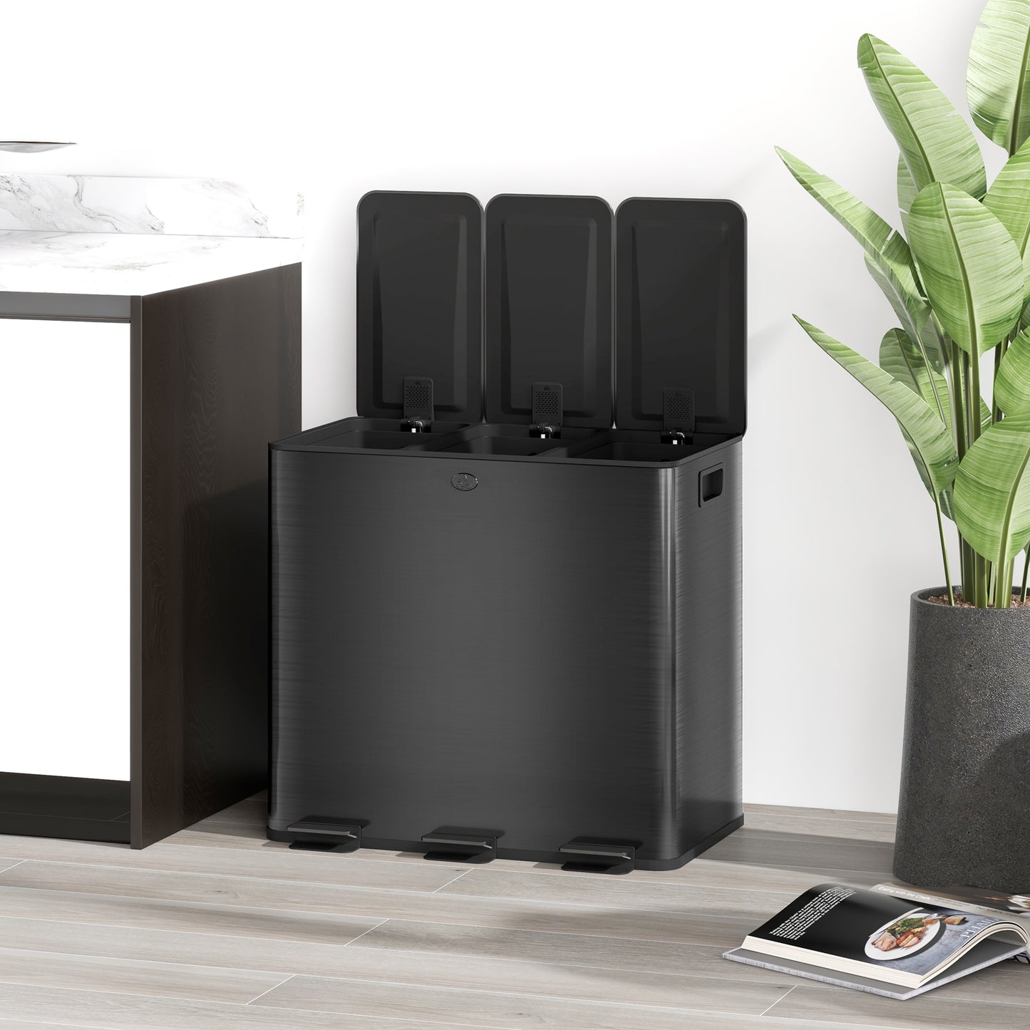 HOMCOM Mülleimer mit 3 x 15L Fächern, Deodorant-Deckel, fingerabdrucksicher, Soft-Close, herausnehmbar, Schwarz