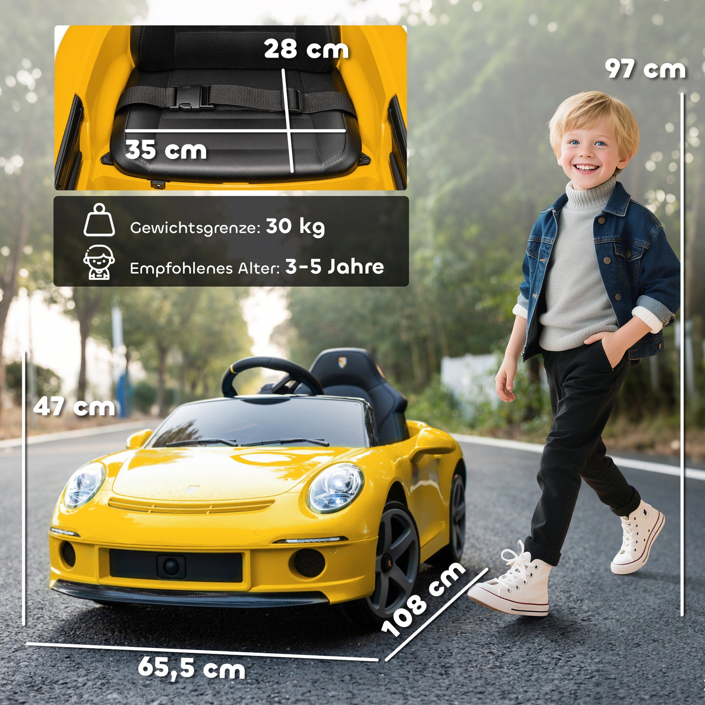 AIYAPLAY Elektrisches Aufsitzauto für Kinder, fernsteuerbar, Musik, Hupe, USB, Sicherheitsgurt, für 3-5 Jahre, Gelb