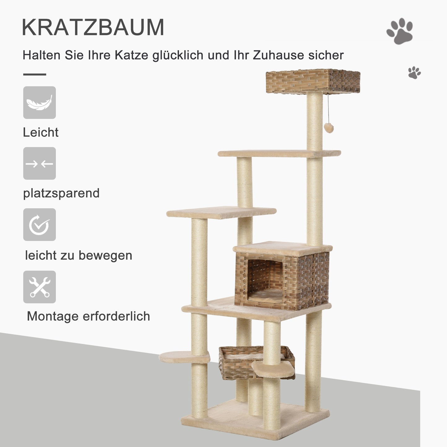 PawHut Rattan Kratzbaum mit Katzenhöhle Mehrstufiger Katzenbaum Kletterbaum für Katzen E1 MDF Sisal Beige+Braun 55 x 55 x 174 cm