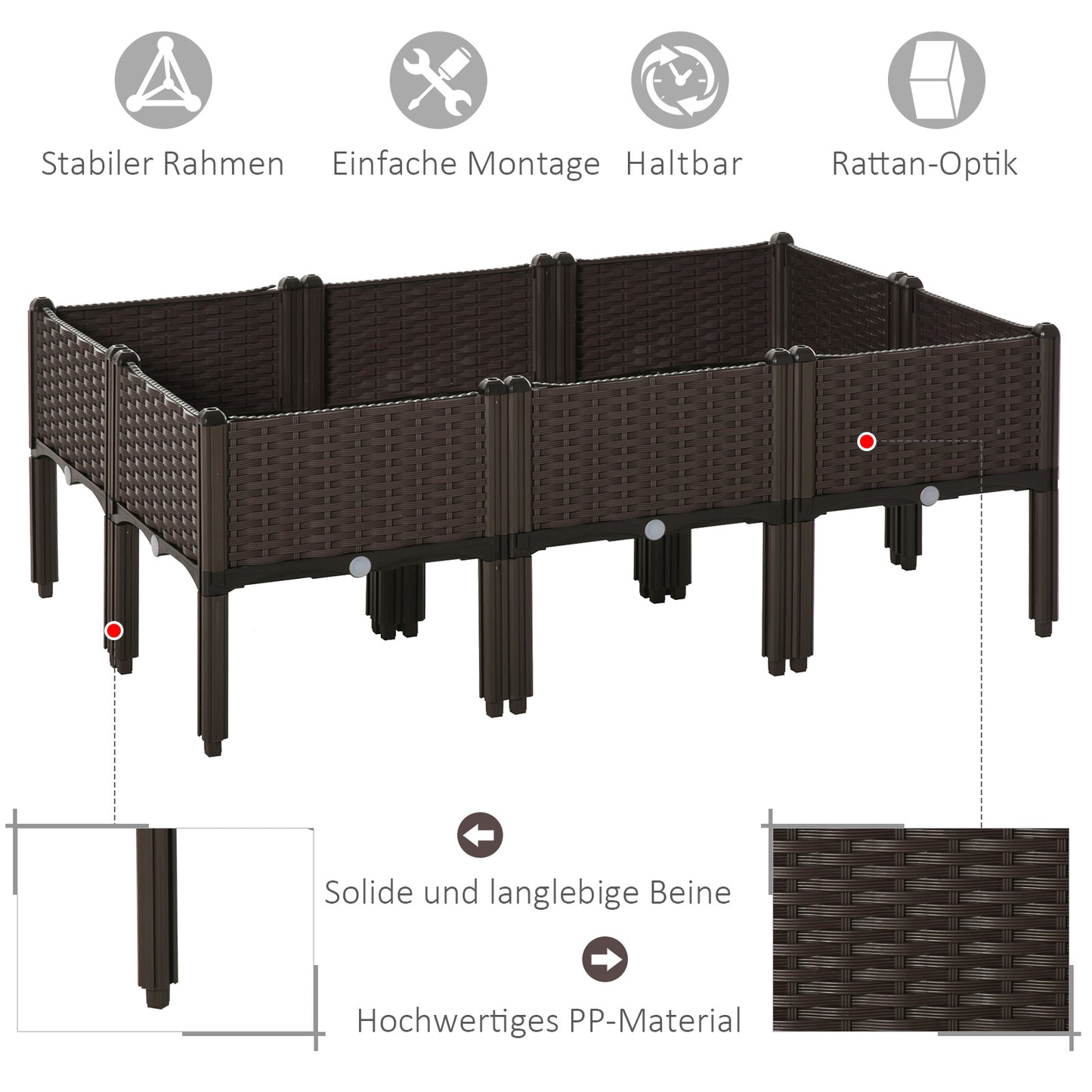 Outsunny Hochbeet 6-teiliger Pflanzkasten mit Abflusslöchern Rattan-Look Blumenkasten DIY Braun 40 x 40 x 44 cm