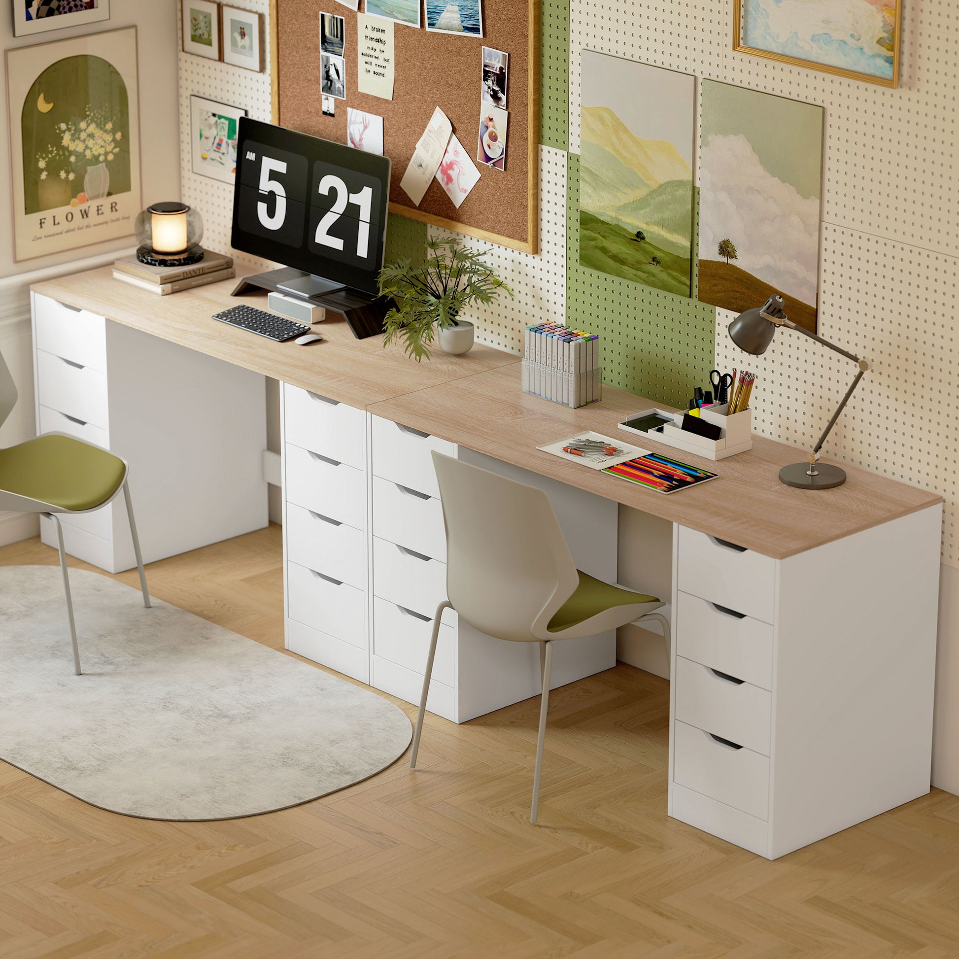 HOMCOM 140 cm Computertisch, 8 Schubladen, Schreibtisch für Homeoffice, Schlafzimmer, Stahl, Holz, Weiß