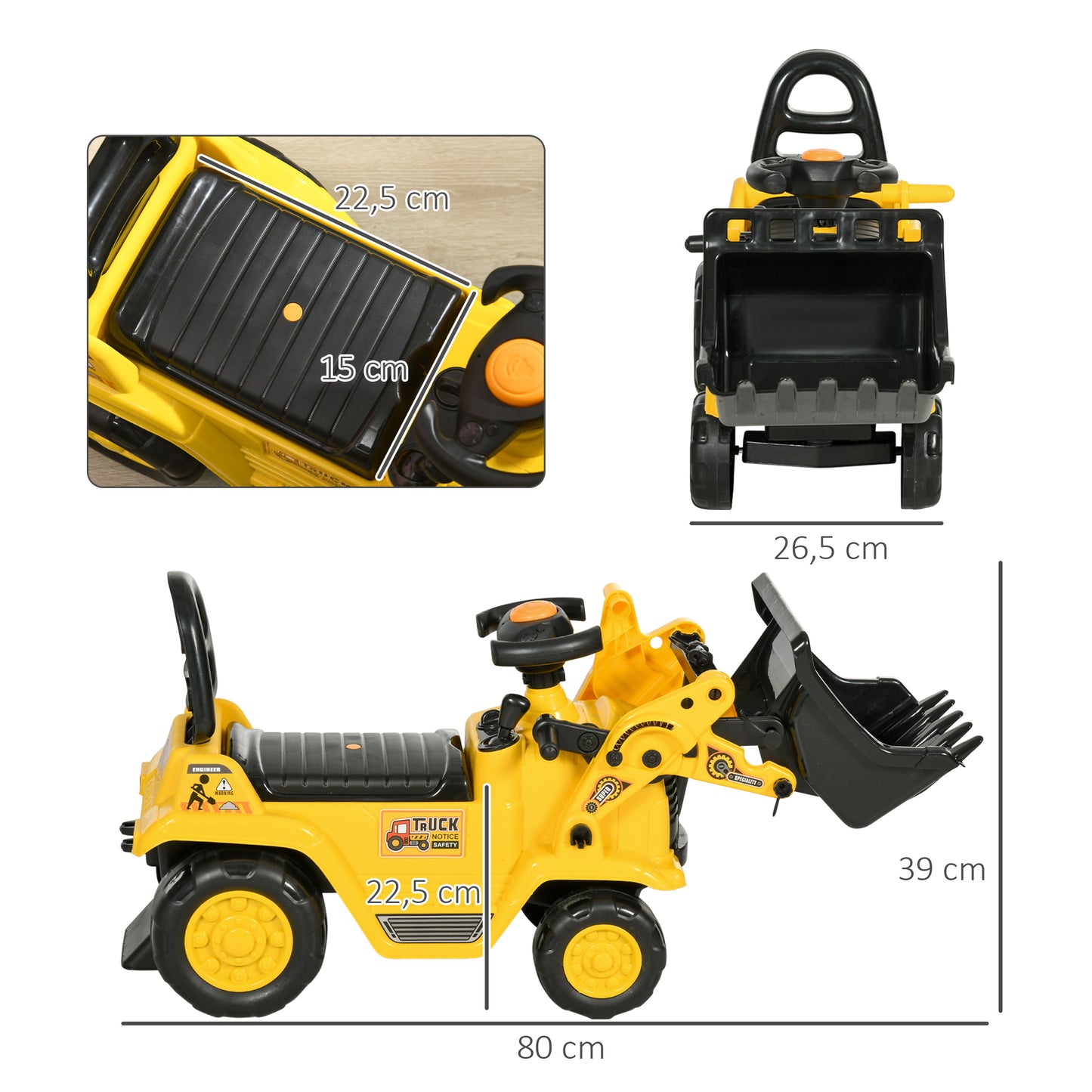 HOMCOM Sitzbagger Aufsitzbagger mit Schaufel Kinderbagger mit Stauraum unter Sitz Rutschauto Spielzeugbagger zum Sitzen bis 30kg, Draufsitzen für Kinder 1,5-4 Jahre Gelb+Schwarz