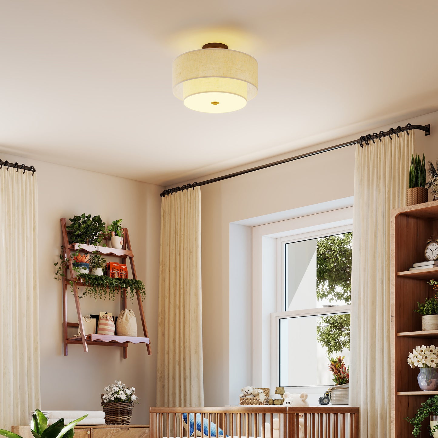 HOMCOM Deckenlampe, Hängeleuchte mit doppelten Schirmen in Leinenoptik, Cremeweiß