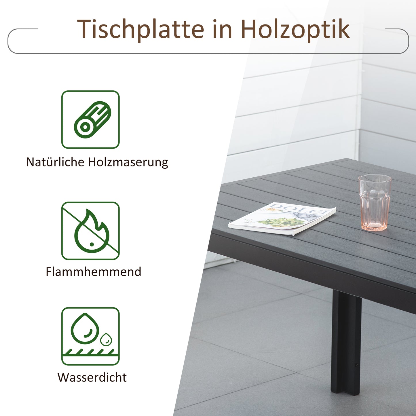 Outsunny Gartentisch Kunststoff 190 x 84,5 x 72 cm Wetterfest, Holz Optik, Holzstrukur, rutschfest Buffettisch Campingtisch Balkontisch Terrassentisch Outdoor Esstisch für Garten, Balkon Schwarz