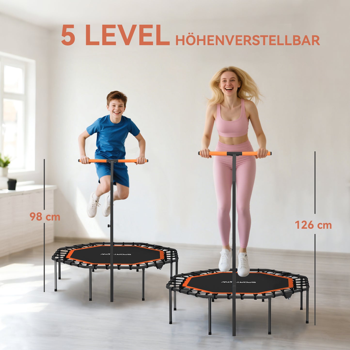 SPORTNOW Fitness-Trampolin, Trainingstrampolin mit verstellbarem Haltegriff, stabil und leise, für drinnen, Stahl, Orange