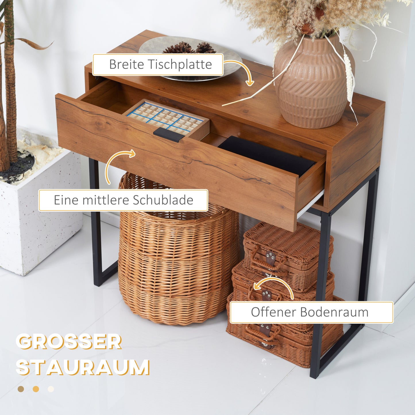 HOMCOM Konsolentisch im Industriedesign, Beistelltisch, Sideboard, 1 Schublade, Braun + Schwarz