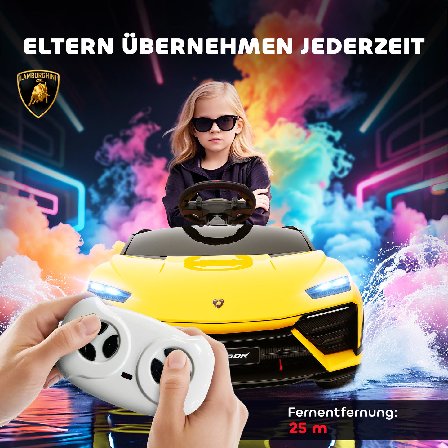 AIYAPLAY Kinder Elektroauto 12V Kinderauto mit 2,4 GHz Fernbedienung, 2 Motor, Hupe, LED, Musik, 101,5 x 49 x 43 cm, Gelb