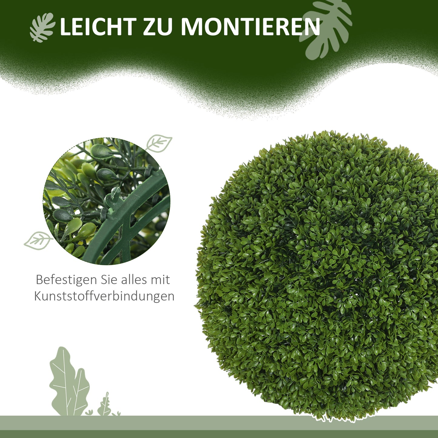 HOMCOM 2er-Set Buchsbaumkugel, Künstliche Pflanzen, Zimmerpflanze mit UV-Schutz, Deko-Pflanze, für Indoor, Outdoor, Grün