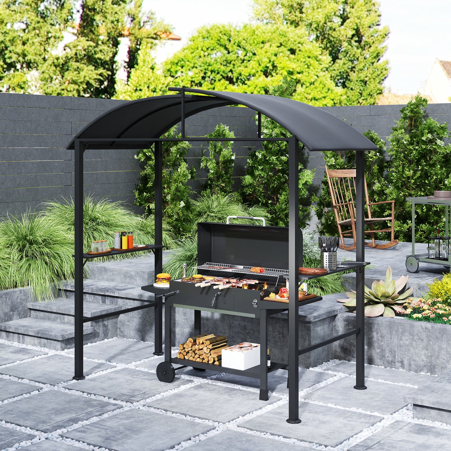 Outsunny Grillpavillon, 2 Seitenablagen, Haken, Stahlrahmen, 1,1 x 2,3m, Dunkelgrau