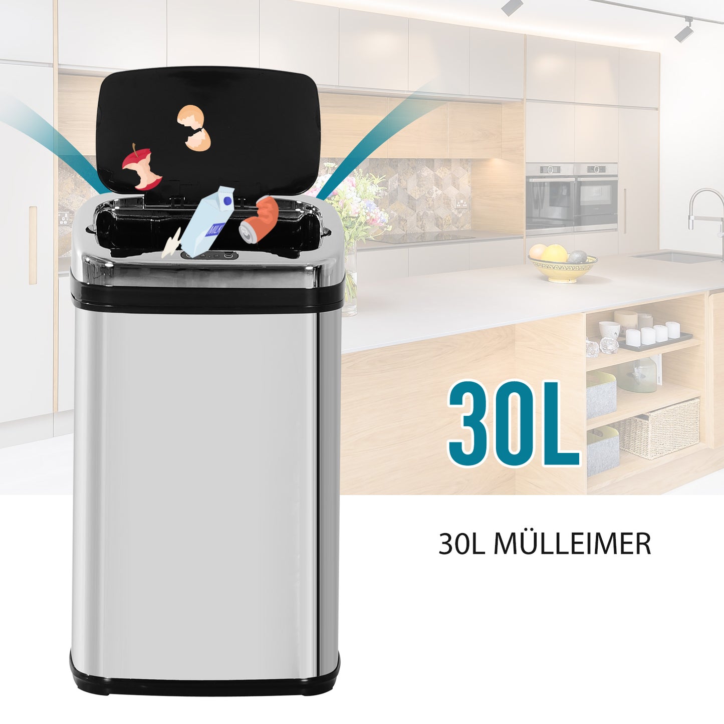 HOMCOM Sensor Mülleimer 30L Edelstahl Automatischer Mülleimer mit Bewegungssensor, Abfalleimer Müllbehälter Abfallbehälter für Büro, Schlafzimmer, Küchen Silber