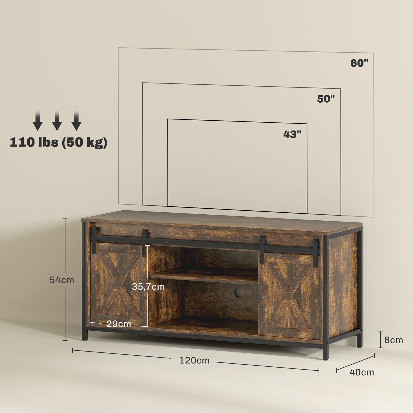 HOMCOM TV Lowboard, Industrial Design, für 60'' TVs, 6 Fächer, 2 Schiebetüren, Braun/Schwarz