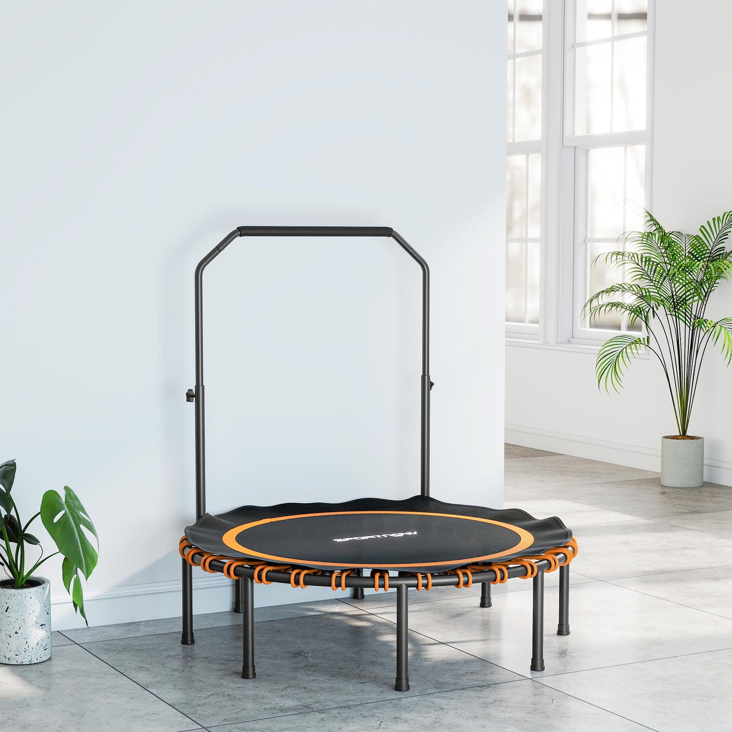 SPORTNOW Fitness-Trampolin mit verstellbarem Handlauf, Sport-Trampolin für drinnen und draußen, Stahl, Kunststoff, Orange