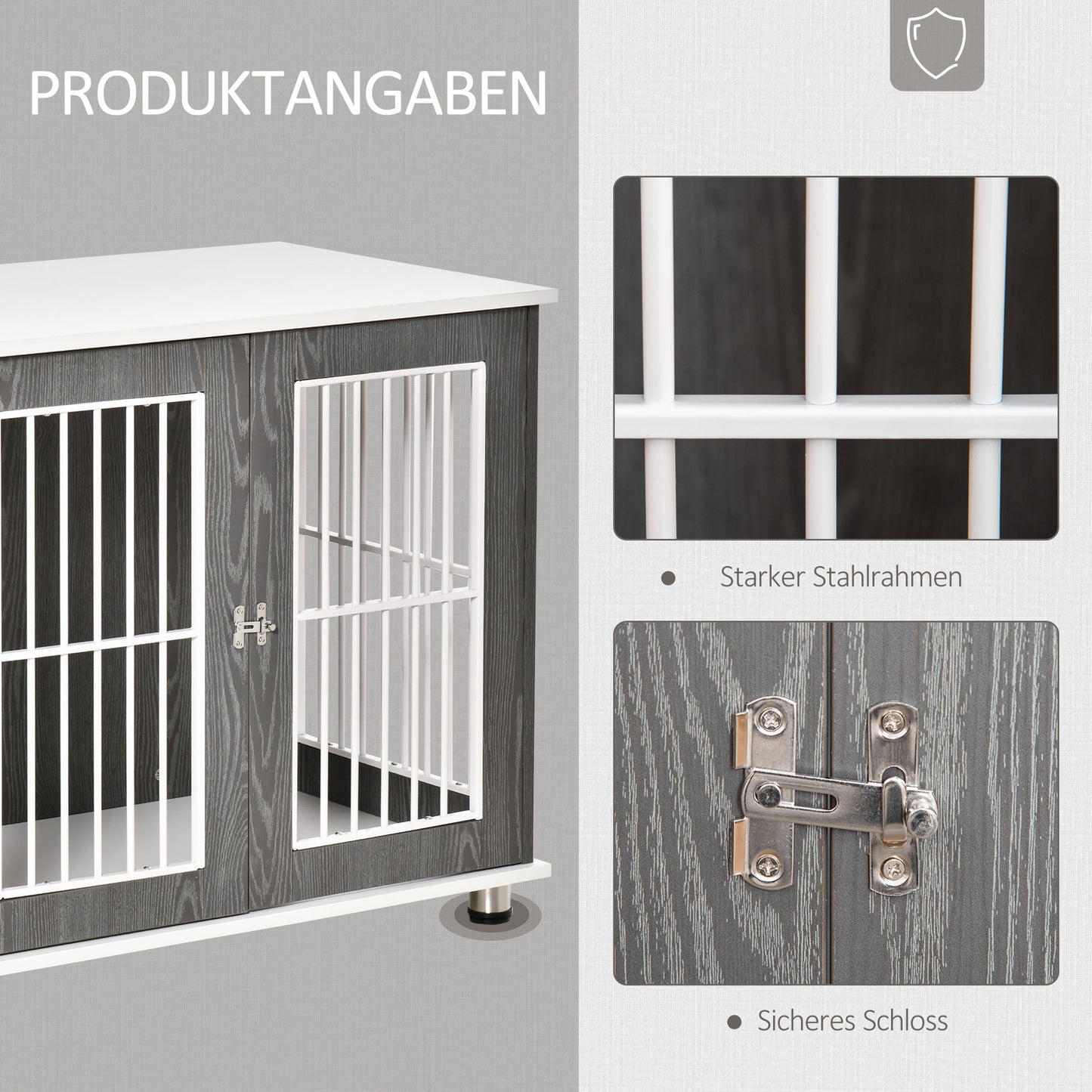 PawHut Transportbox für mittelgroße und kleine Hunde, verriegelbar Holzwerkstoff Stahl Grau + Weiß