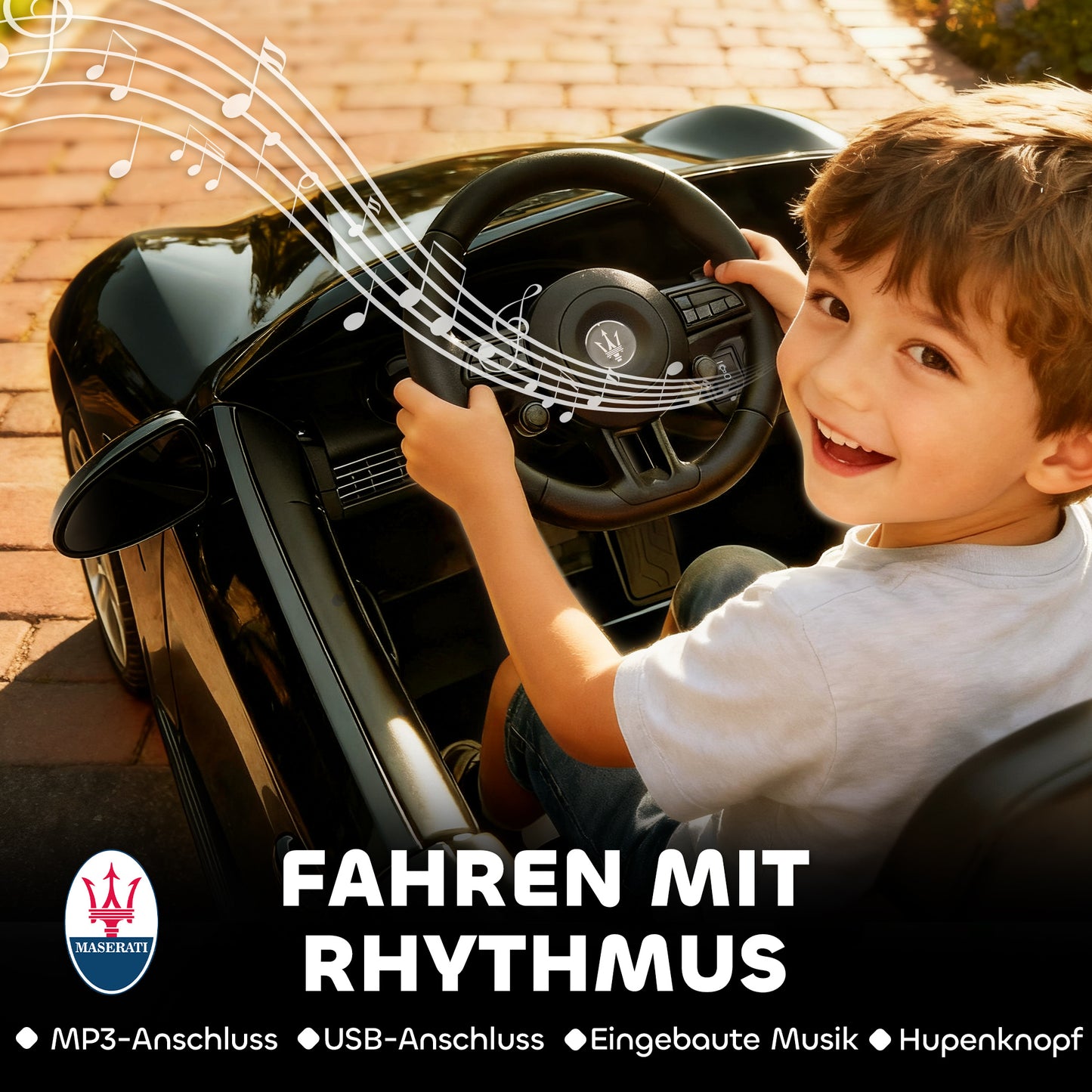 AIYAPLAY Maserati Elektroauto für Kinder, 2-Sitzer, 12V Batteriebetrieb, Fernbedienung, LED-Lichter, Musikfunktion, Schwarz