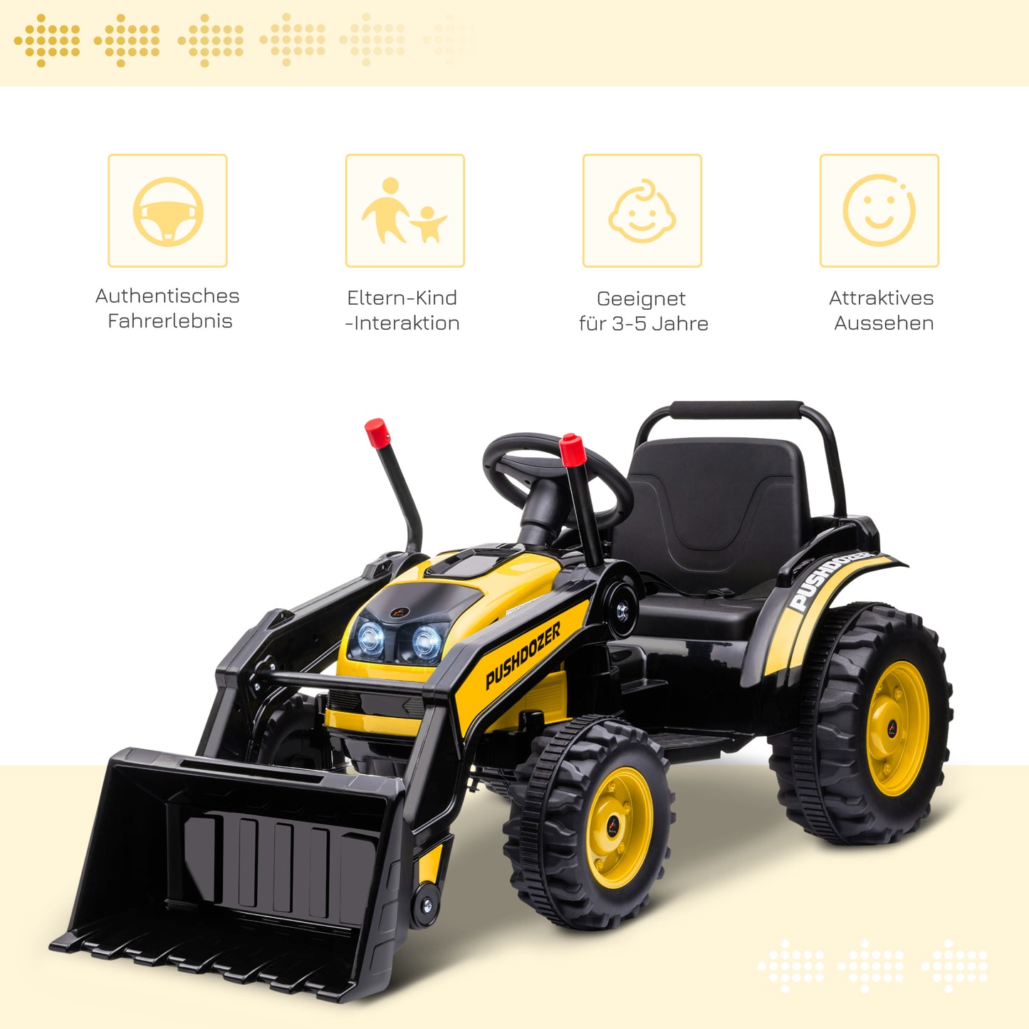 HOMCOM Kinder Elektrobagger Sitzbagger für Kinder Aufsitzbagger Geländewagen traktor elektrisch zum Fahren mit Musik Schaufel Armen 3–5 Jahre PP-Kunststoff Stahl Gelb 132 x 62 x 65 cm