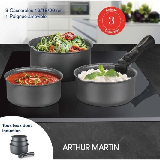 Arthur Martin AM777GM kitchen battery set of 3 pans - matt gray 16-18-20 cm + 1 removable handle - All lights including induction