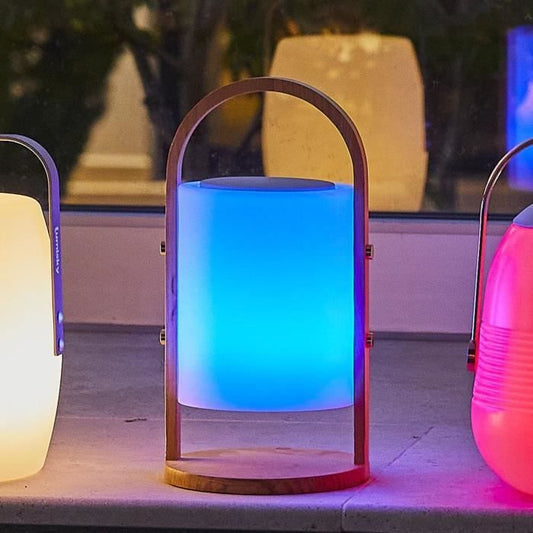 Wireless Bluetooth speaker lamp - LUMISKY - WOODY PLAY - H37 cm - Wooden handle - Dimmable white and multi-color LED