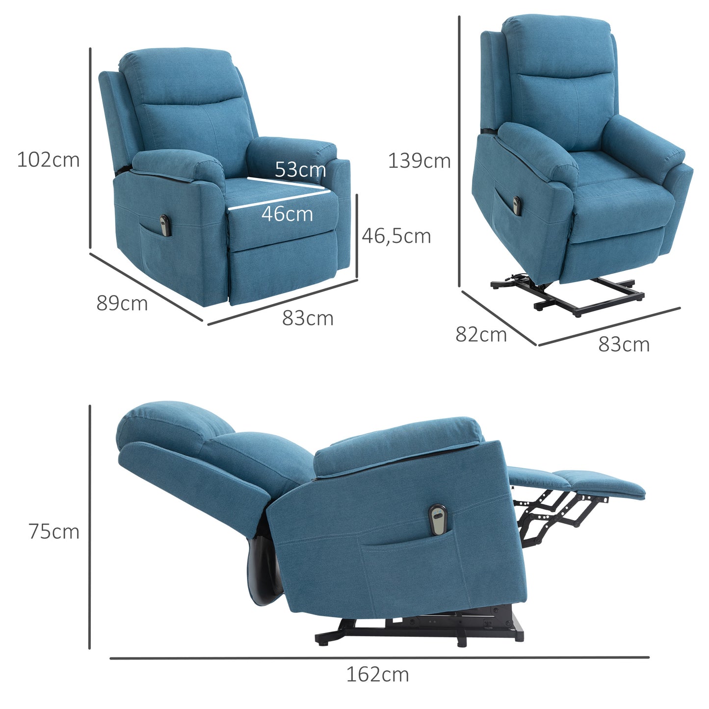 HOMCOM Fernsehsessel mit Aufstehhilfe Elektrisch Relaxsessel mit Liegefunktion, TV-Sessel mit Fernbedienung Seitentasche Taschenfederkern Leinenoptik Blau